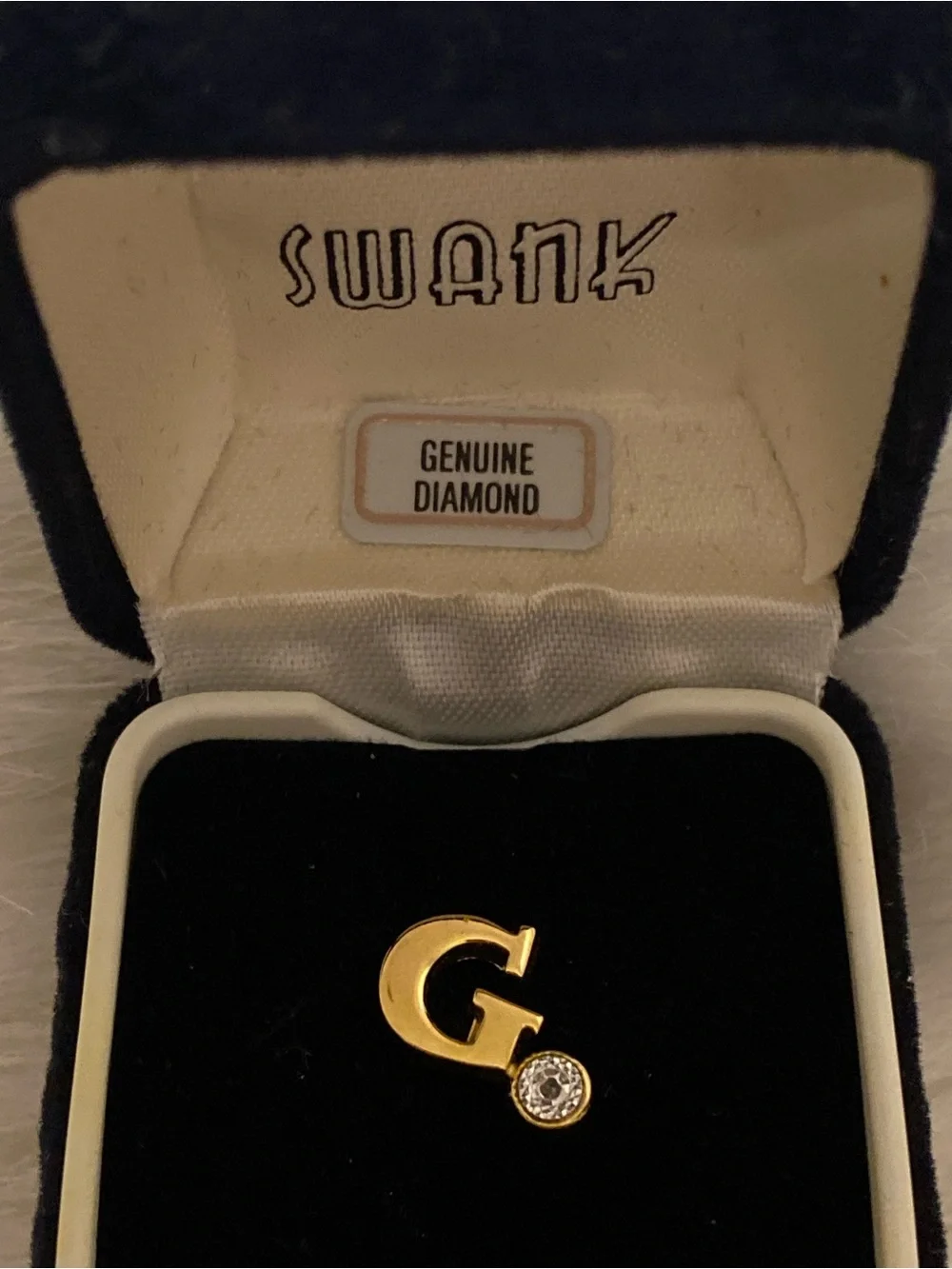 Vintage SWANK Initial G Monogram Tie Tack Lapel Pin Genuine Diamond with Box